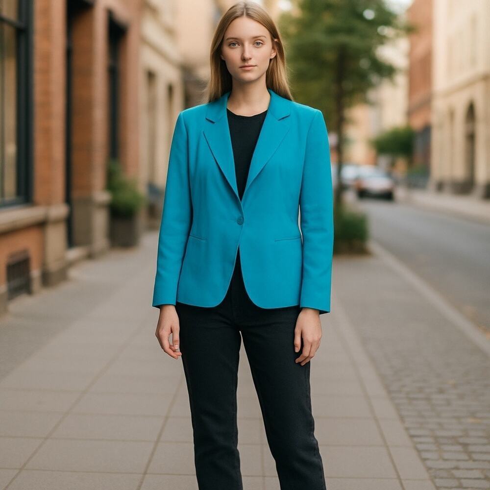Evan-Picone Women Blazer Jacket Size 6‎ Teal Blue 100% Silk Single Button Career